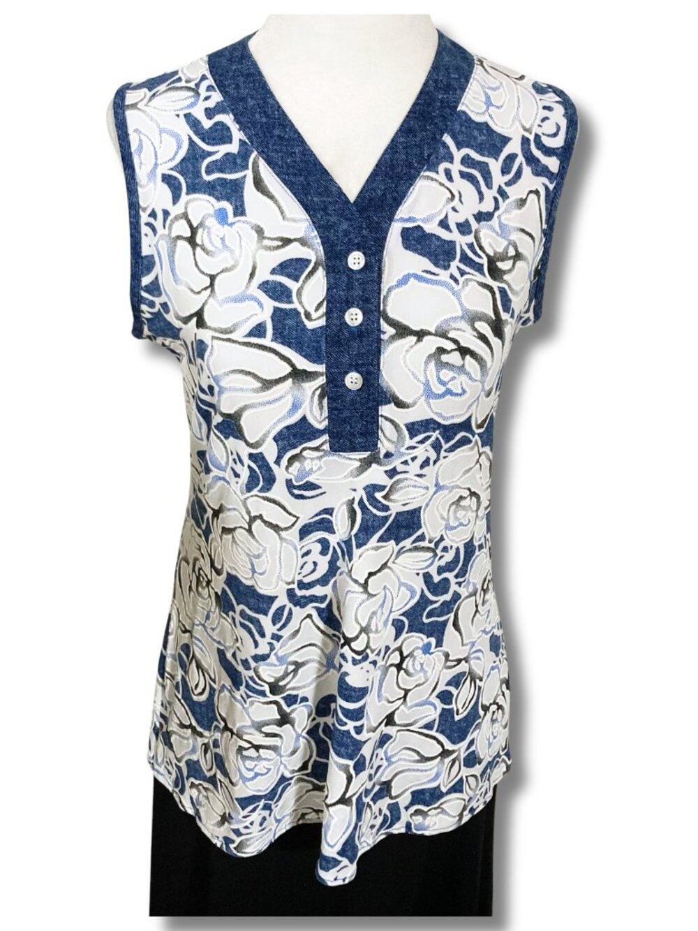 JOSEPH RIBKOFF Blue black white rose floral print v-neck tank top SMALL MEDIUM